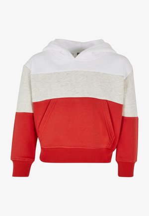 Sarkani, balti un pelēki krāsoti blokveida kapuci ar kangurū kabatu, kapuci un ribotu maliņu. Mīksta auduma, brīva piegriezuma.