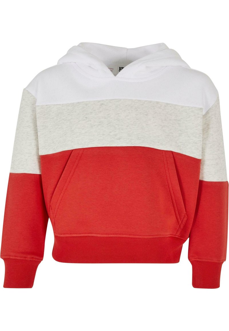 Felpa a blocchi di colore rosso, bianco e grigio con tasca a marsupio, cappuccio e polsini a coste. Tessuto morbido con una vestibilità comoda.
