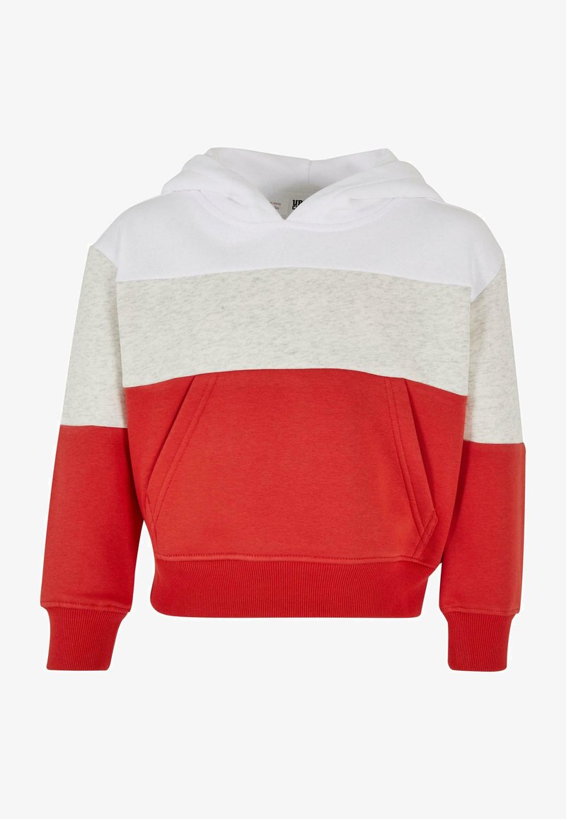 Piros, fehér és szürke színű blokkos kapucnis pulóver kenguru zsebekkel, kapucnival és bordás mandzsettával. Puhább anyag, kényelmes szabású.