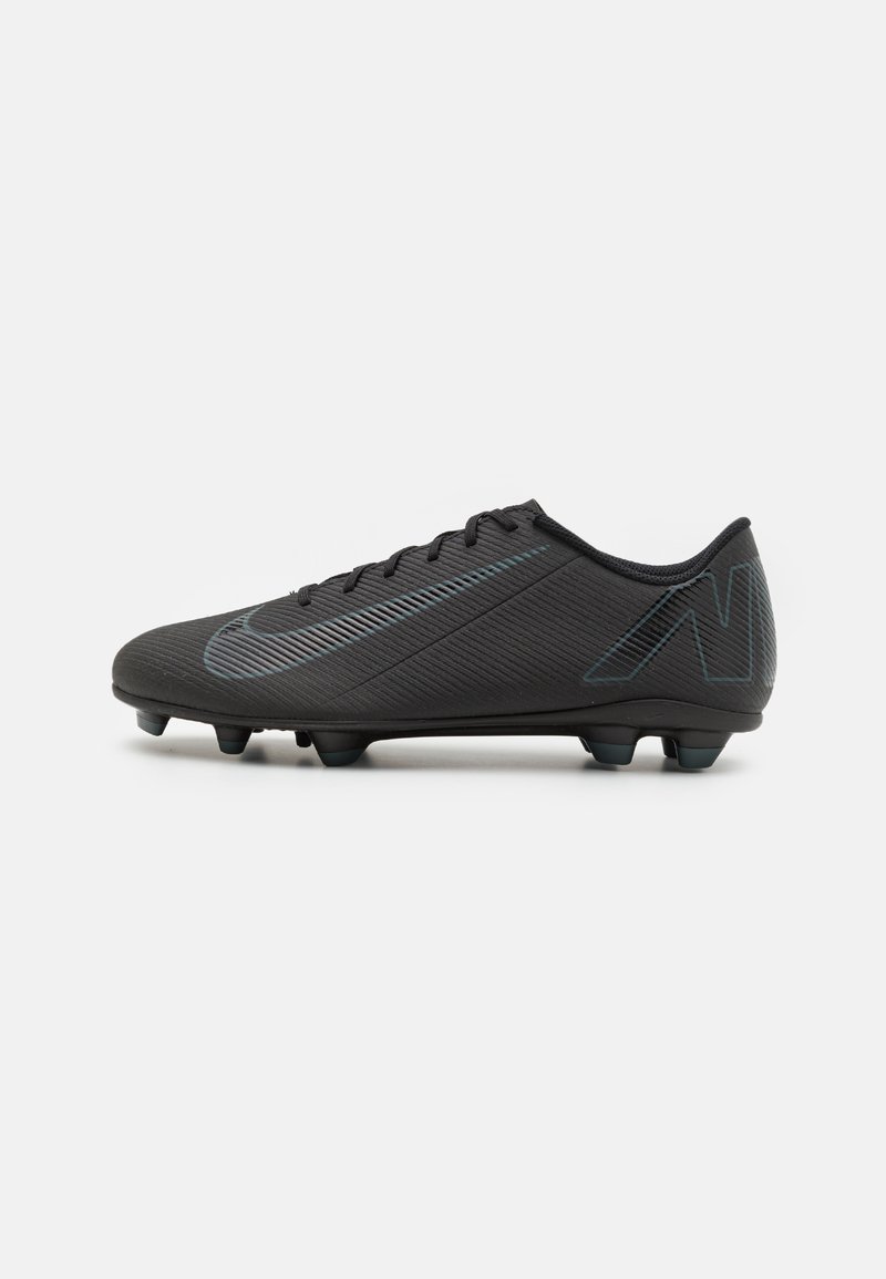 Black soccer cleat with a textured upper, featuring a sleek design and light blue accents. Five molded studs on the sole for traction.