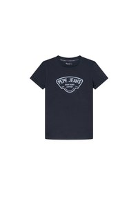 Camiseta de algodón azul oscuro con mangas cortas y cuello redondo. Cuenta con un logo impreso en azul claro: "PEPE JEANS DENIM BRAND COMPANY 1973."