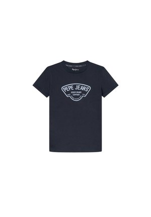 Camiseta de algodón azul oscuro con mangas cortas y cuello redondo. Cuenta con un logo impreso en azul claro: "PEPE JEANS DENIM BRAND COMPANY 1973."
