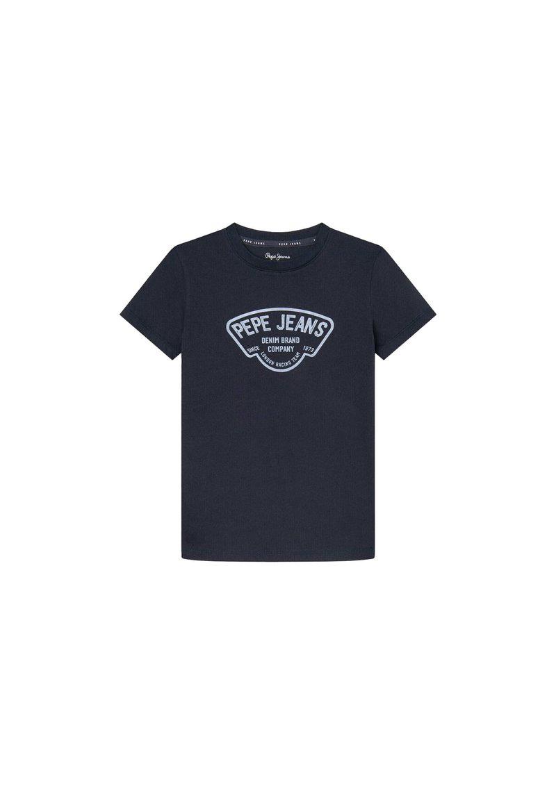 Camiseta de algodón azul oscuro con mangas cortas y cuello redondo. Cuenta con un logo impreso en azul claro: "PEPE JEANS DENIM BRAND COMPANY 1973."