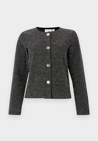 Μαύρο και ασημί υφασμάτινο μπουφάν με στρογγυλή λαιμόκοψη, μακριά μανίκια και τέσσερα εμφανή γυαλιστερά κουμπιά στη μέση.