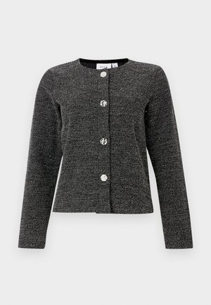 Schwarze und silberne strukturiert Jacke mit Rundhalsausschnitt, langen Ärmeln und vier auffälligen glänzenden Knöpfen auf der Vorderseite.