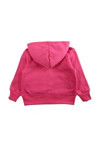 Sweat à capuche rose en mélange de coton, avec manches longues, poignets et ourlet côtelés, texture lisse, et capuche cousue.