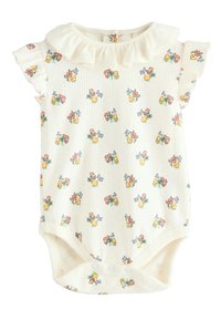Body din bumbac alb pentru bebeluși, cu model floral în galben, roz și albastru. Prezintă un guler cu volănașe și mâneci scurte, cu închidere cu capse în partea de jos.