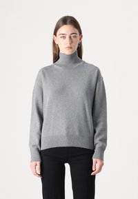 Un pull col roulé gris en matière douce, avec une coupe décontractée, des poignets et un ourlet côtelés, et un design minimaliste.