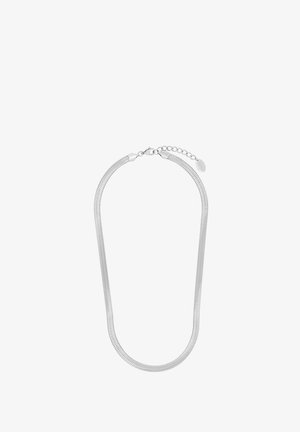 Zilveren metalen ketting met een glad, flexibel ontwerp. Beschikt over een slank, visgraatpatroon en een slot met een verstelbare ketting.
