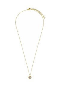 Goudkleurige ketting met een hartvormige hanger met een heldere steen, bevestigd met een karabijnsluiting en een verlengketting voor een verstelbare lengte.