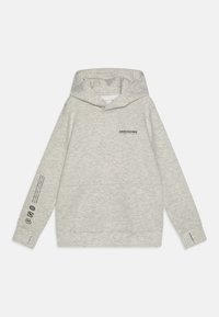 Grau Hoodie aus weichem Stoff mit Kängurutasche, verstellbarem Kapuzen und gedrucktem Logo auf der Brust und dem Ärmel.