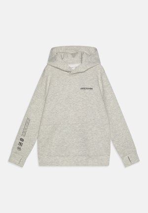 Gray hoodie made of soft fabric with a kangaroo pocket, adjustable hood, and printed logo on the chest and sleeve.
