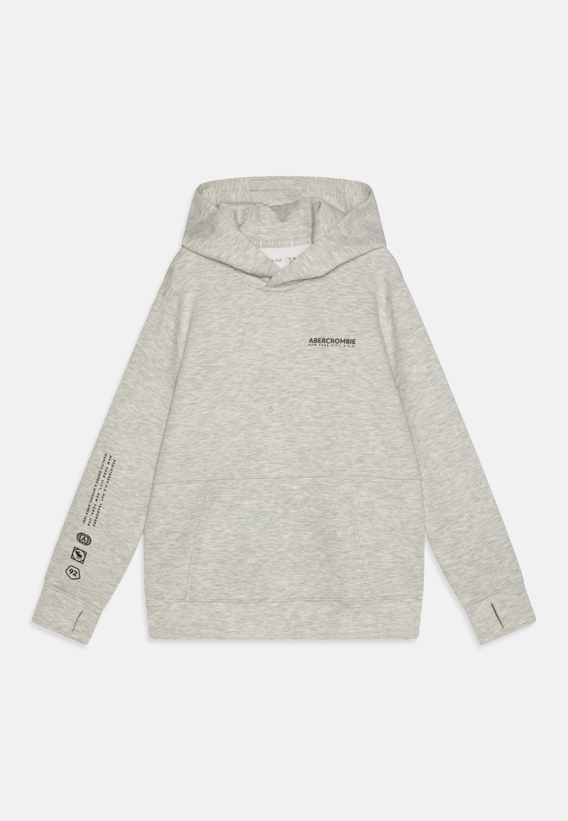Grau Hoodie aus weichem Stoff mit Kängurutasche, verstellbarem Kapuzen und gedrucktem Logo auf der Brust und dem Ärmel.