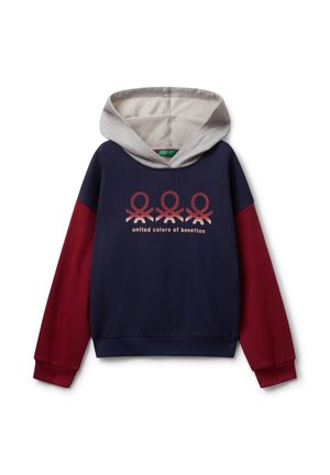 Felpa con cappuccio blu navy con cappuccio grigio e maniche borgogna, caratterizzata da tre loghi rossi di United Colors of Benetton e testo coordinato sul davanti.