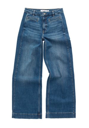 Wide-leg dark blue denim jeans with a high waist, two front pockets, and a smooth texture. Light fading and contrast stitching details visible.