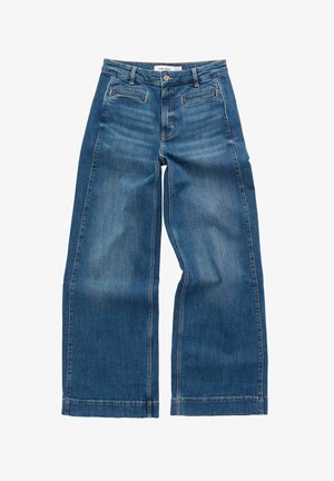 Weite, dunkelblaue Jeans aus Denim mit hoher Taille, zwei Fronttaschen und einer glatten Textur. Leichte Verblassungen und Kontrastnähte sind sichtbar.