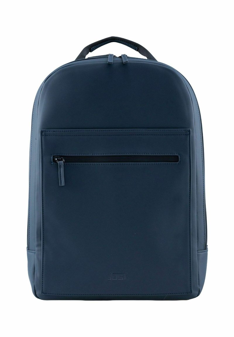 Zaino blu realizzato in tessuto resistente, con un design elegante, una tasca anteriore con zip e due manici di trasporto sulla parte superiore.