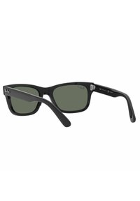 Occhiali da sole neri rettangolari con lenti verde scuro. Realizzati in plastica, presentano una finitura liscia e un branding discreto sulla tempia.