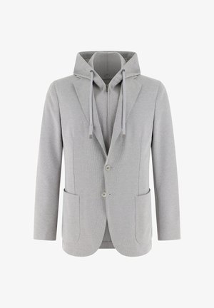 Blazer gris clair à deux boutons avec poches plaquées, superposé à un sweat à capuche zippé avec cordons, présenté de face.