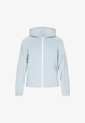Veste zippée bleu clair fabriquée à partir d'un matériau lisse et léger. Elle dispose d'une capuche et de deux poches latérales avec une fermeture éclair blanche.