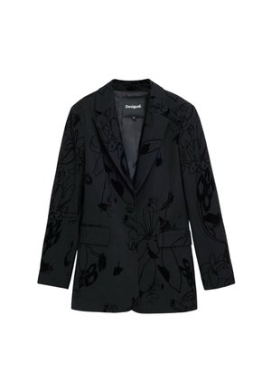 Blazer nero con motivo floreale in una texture vellutata. Presenta un colletto a punta, due tasche frontali e una chiusura a un bottone.
