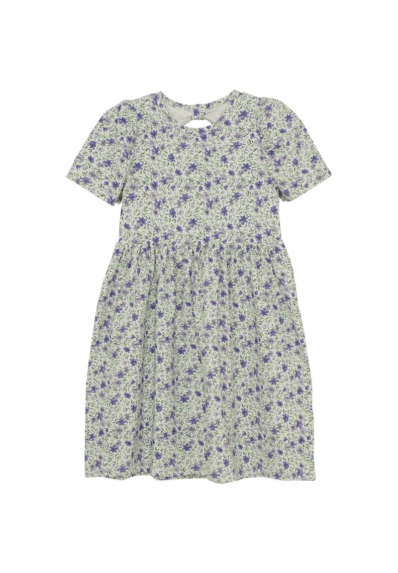 Blumenkleid mit grünem Hintergrund und lila Blumen. Kurze Ärmel, runder Ausschnitt und ein geraffter Rock mit einer Schlitzdetails am Rücken.