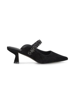 Black suede slingback shoe with a pointed toe and a low, flared heel. Features a decorative strap with black embellishments across the instep.