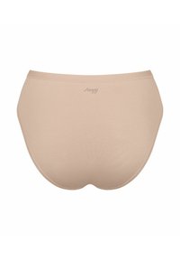 Beige Baumwollslip mit einem glatten, elastischen Bund. Mit einem Sloggi-Logo, das nahe der Oberkante aufgedruckt ist. Klassisches Design mit voller Abdeckung.