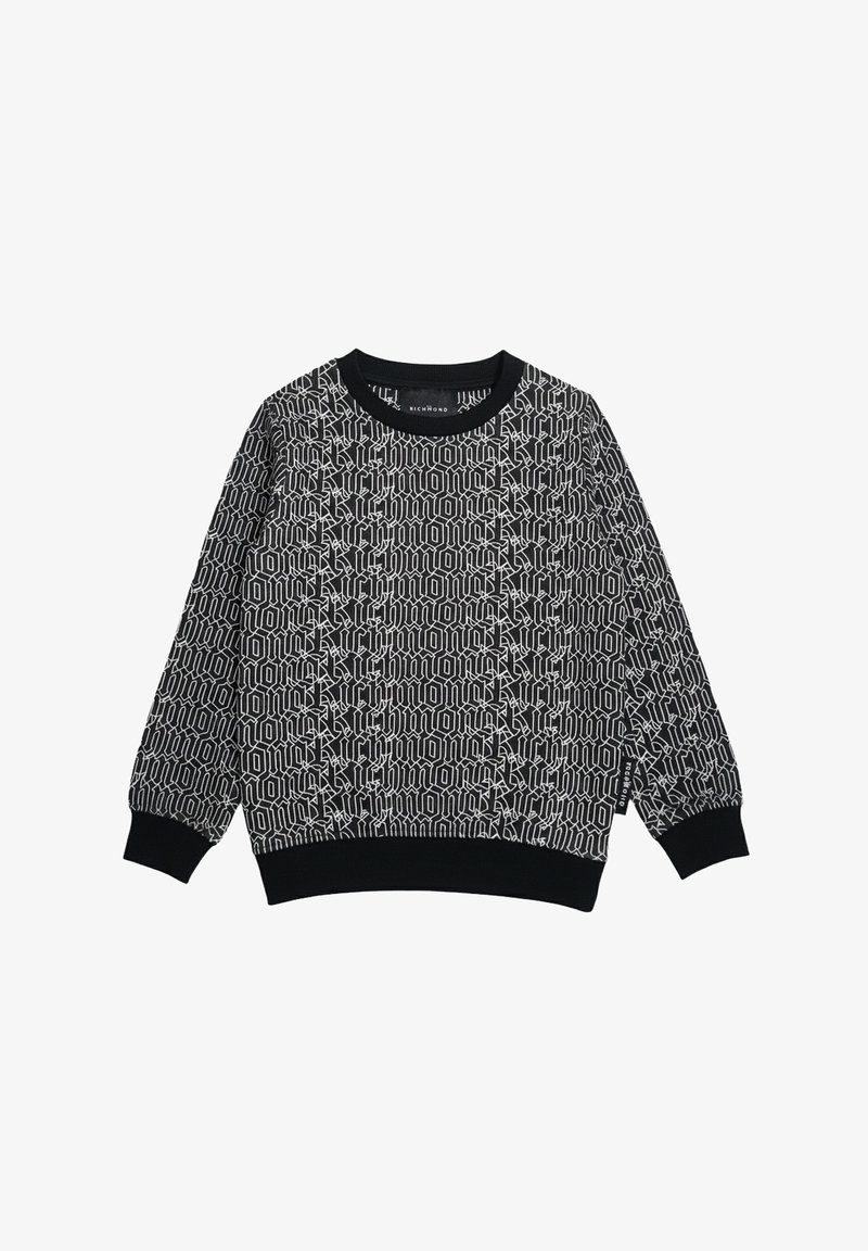 Felpa nera girocollo con scritta "Richmond" bianca ripetuta su tutta la superficie in carattere gotico, polsini e orlo a costine e piccola etichetta laterale.