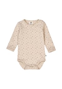 Kombinezon dla niemowląt z długim rękawem w kolorze be żowym, zdobiony kwiecistym wzorem w odcieniach różu i brązu. Zapinany na napy na ramionach i w dolnej części, co ułatwia ubieranie.