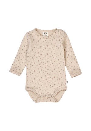 Langärmliger Baby-Body aus beigem Baumwollstoff mit floralem Muster in Pink und Braun. Druckknöpfe an der Schulter und am Boden für einfaches Ankleiden.
