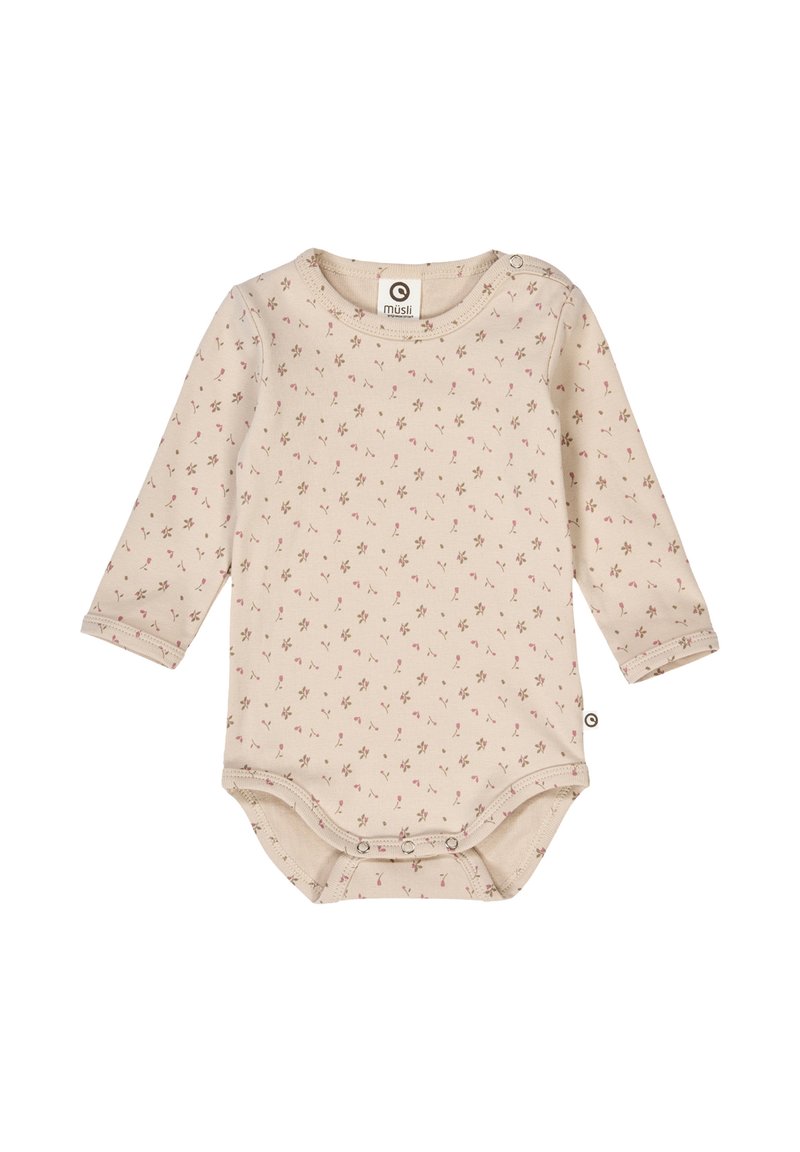 Kombinezon dla niemowląt z długim rękawem w kolorze beżowym, zdobiony kwiecistym wzorem w odcieniach różu i brązu. Zapinany na napy na ramionach i w dolnej części, co ułatwia ubieranie.