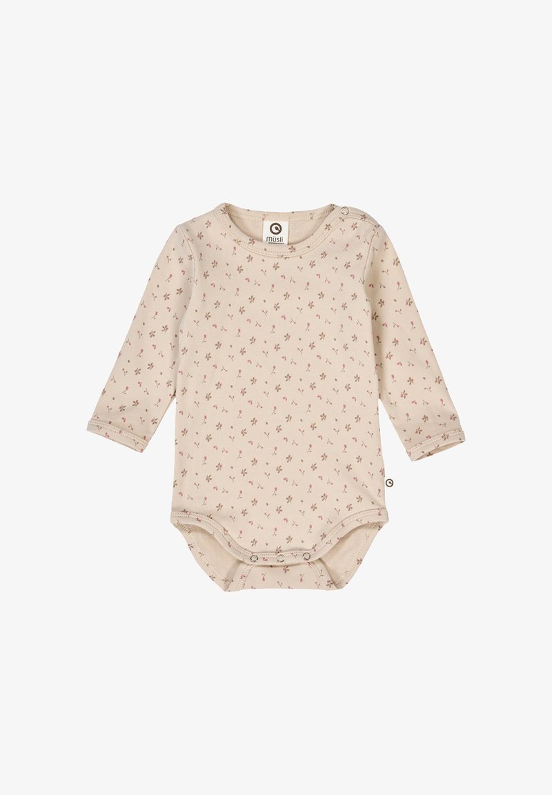 Long-sleeve baby bodysuit in beige cotton, featuring a floral pattern in pink and brown. Snap buttons at the shoulder and bottom for easy dressing.