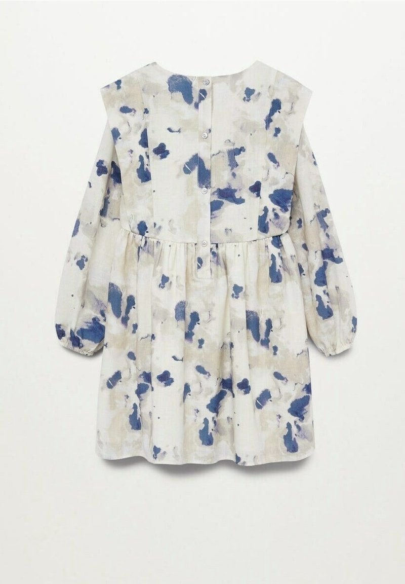 Floral-patterned dress in light beige with blue abstract designs. Features a round neckline, long puff sleeves, and a button closure at the back.