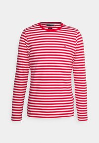 Rød- og hvidstribet langærmet t-shirt med rund halsudskæring og et lille logo på venstre side. Glat bomuldsstof.