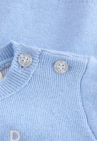 Světlomodrý pletený svetr s žebrovaným límcem, zdobený dvěma stříbrnými knoflíky s vyraženým názvem značky. Měkká textura s precizním šitím.