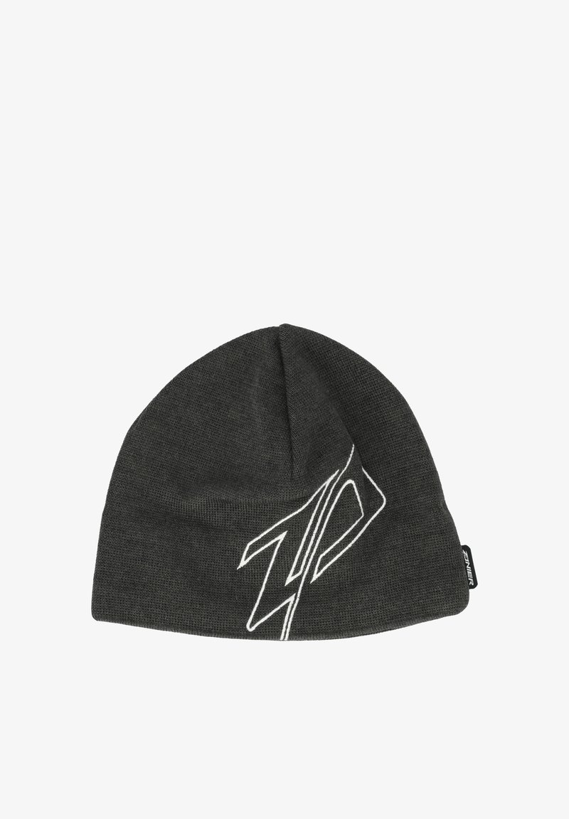 Harmaa neulepipo pehmeällä tekstuurilla, jossa on valkoinen logomerkintä edessä. Pyöreä muoto, jossa on hieman kohoaminen päällä.