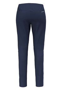 Venkovní kalhoty tmavě modré barvy s hladkou strukturou, zúženým střihem a jemným logem na pasu. Mají šikmé švy v oblasti kolen.