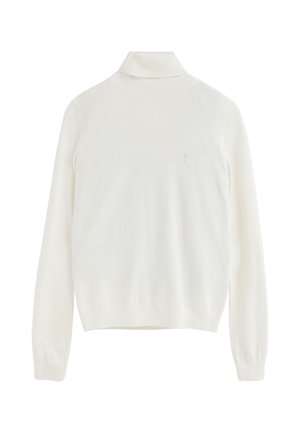 Jersey blanco de cuello alto con mangas largas, con cuello, puños y dobladillo acanalados, que presenta un sutil logo bordado en el pecho izquierdo.