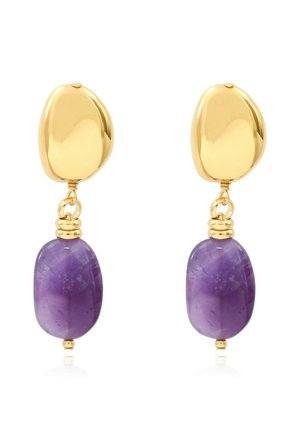 Boucles d'oreilles à clou en ton or, avec des formes ovales irrégulières, chacune ornée d'une pierre d'améthyste violet polie pendant.