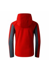 Rote Fleecejacke mit Kapuze, grauen Seitenpaneelen und langen Ärmeln. Glatte Textur mit normaler Passform und ohne auffällige Beschläge.