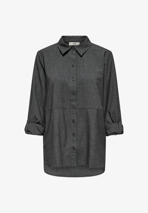 Szara koszula z guzikami z kołnierzykiem, z długimi rękawami podwiniętymi przy mankietach, o teksturowanej tkaninie i sześciu guzikach z przodu wzdłuż listwy.