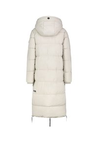 Lange gewatteerde jas in lichtbeige. Voorzien van een capuchon, een getextureerde quilt, ritszakken aan de zijkanten en een logo-opdruk op de linkeronderzijde.