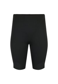 Pantaloni corti neri realizzati in tessuto elasticizzato, design aderente, lunghezza al ginocchio, con una texture liscia e una vita senza cuciture per garantire comfort.