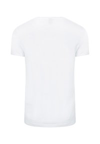 Effen wit T-shirt met korte mouwen, gezien van achteren met een ronde halslijn en zonder zichtbare logo's of patronen.