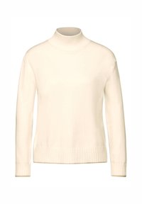 Maglione bianco a collo alto realizzato in morbido tessuto, con dettagli a coste al colletto e ai polsini, dalla vestibilità comoda e con maniche lunghe.