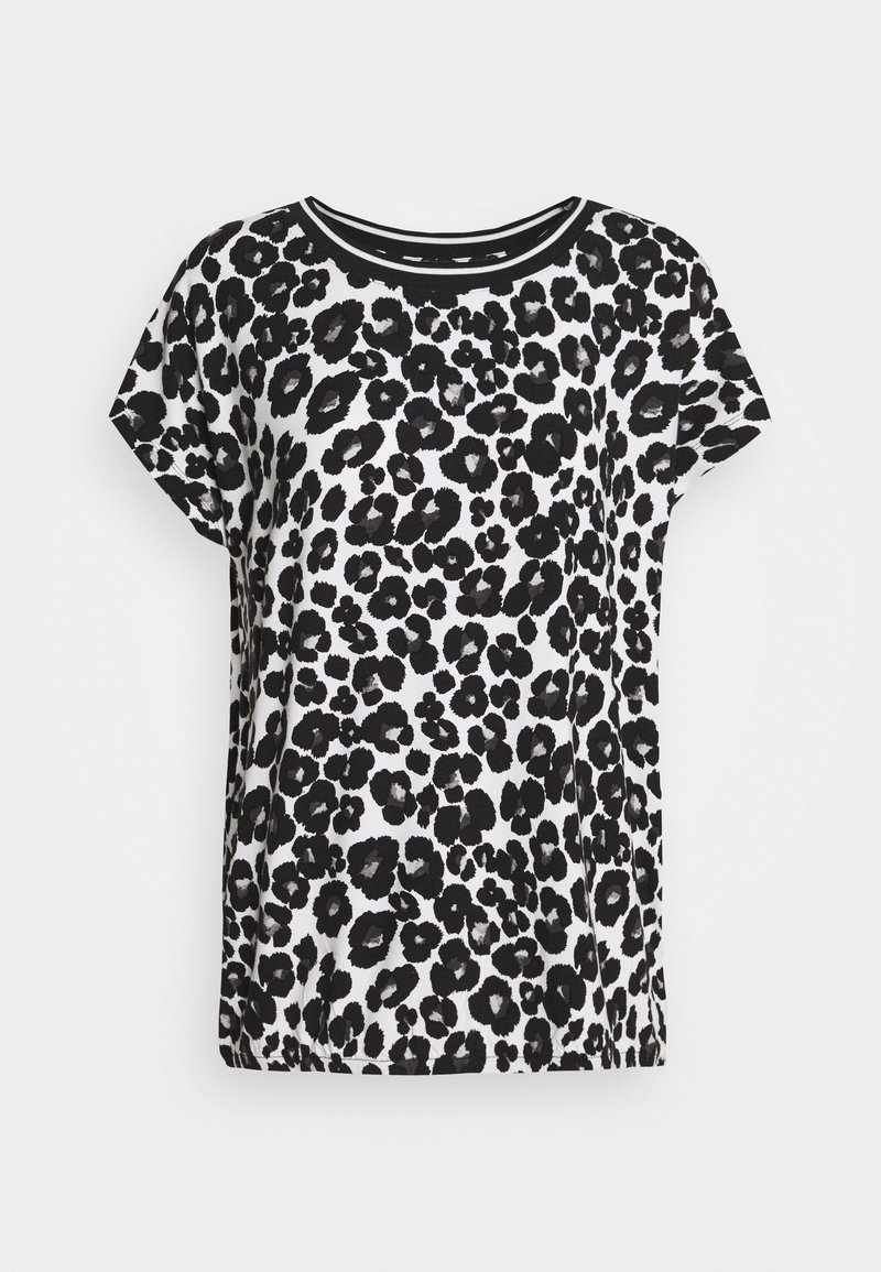 Czarny i biały T-shirt z krótkim rękawem z motywem panterki, okrągłym dekoltem oraz miękkim i lekkim materiałem.
