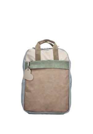 Sac à dos rectangulaire avec des blocs de couleur beige, vert clair et marron, deux poignées, poche à fermeture éclair à l'avant et tirette de fermeture éclair en forme de cœur.