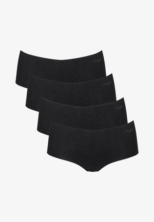 Zwarte katoenen slips, met een naadloos ontwerp en een brede tailleband. Vier paar tentoongesteld, allemaal uniform in stijl en kleur.