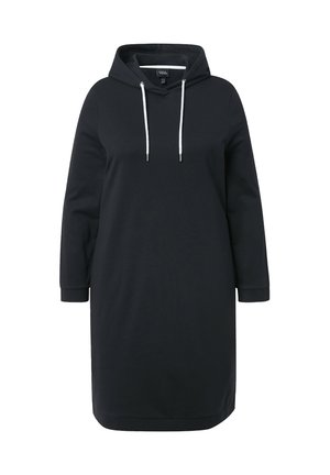 Schwarzes Kapuzenkleid aus weichem Material, mit langen Ärmeln, einer Kängurutasche und weißen Kordeln für eine verstellbare Passform.